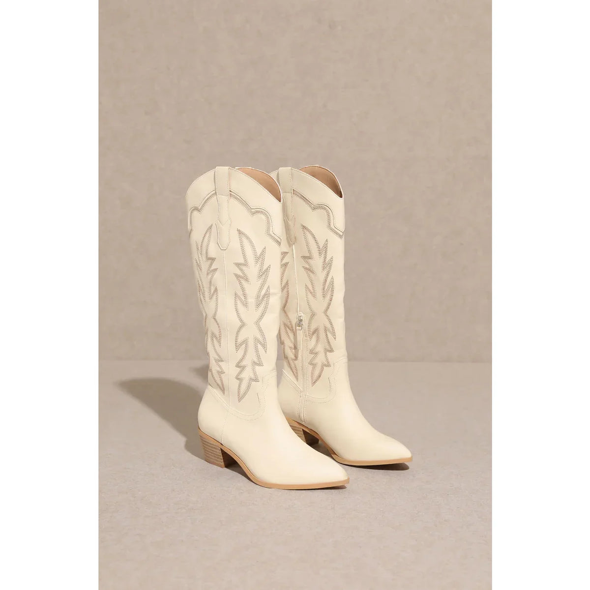White leather Samantha Knee-High Western Boots with decorative stitching