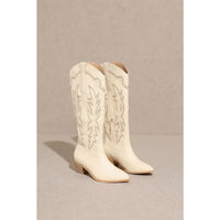 White leather Samantha Knee-High Western Boots with decorative stitching