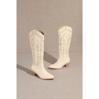 White leather Samantha Knee-High Western Boots with decorative stitching and pointed toes