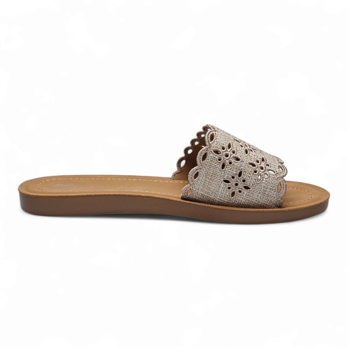Beige Scholar Boho Floral Cutout Slide Sandal with floral design and floral cutout details