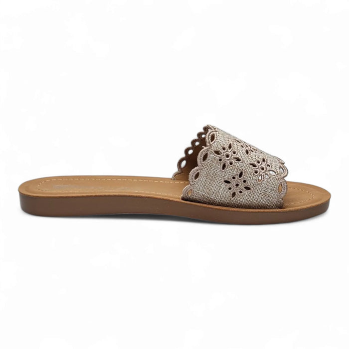 Beige Scholar Boho Floral Cutout Slide Sandal with floral design and floral cutout details