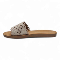 Beige Scholar Boho Floral Slide Sandal with Boho Floral Cutout Design