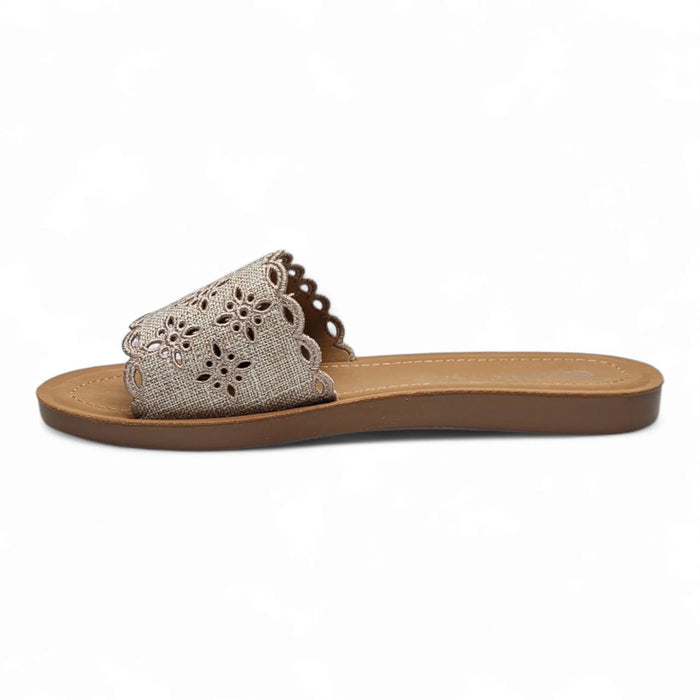 Beige Scholar Boho Floral Slide Sandal with Boho Floral Cutout Design