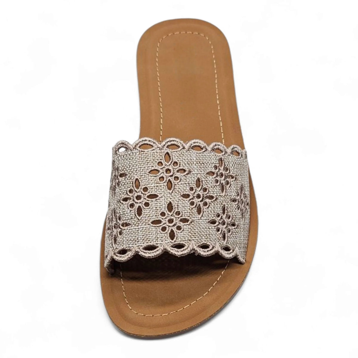 Brown and beige Scholar Boho Floral Cutout Slide sandal with floral pattern