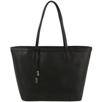 Black leather shopper tote bag with long handles and gold-toned hardware