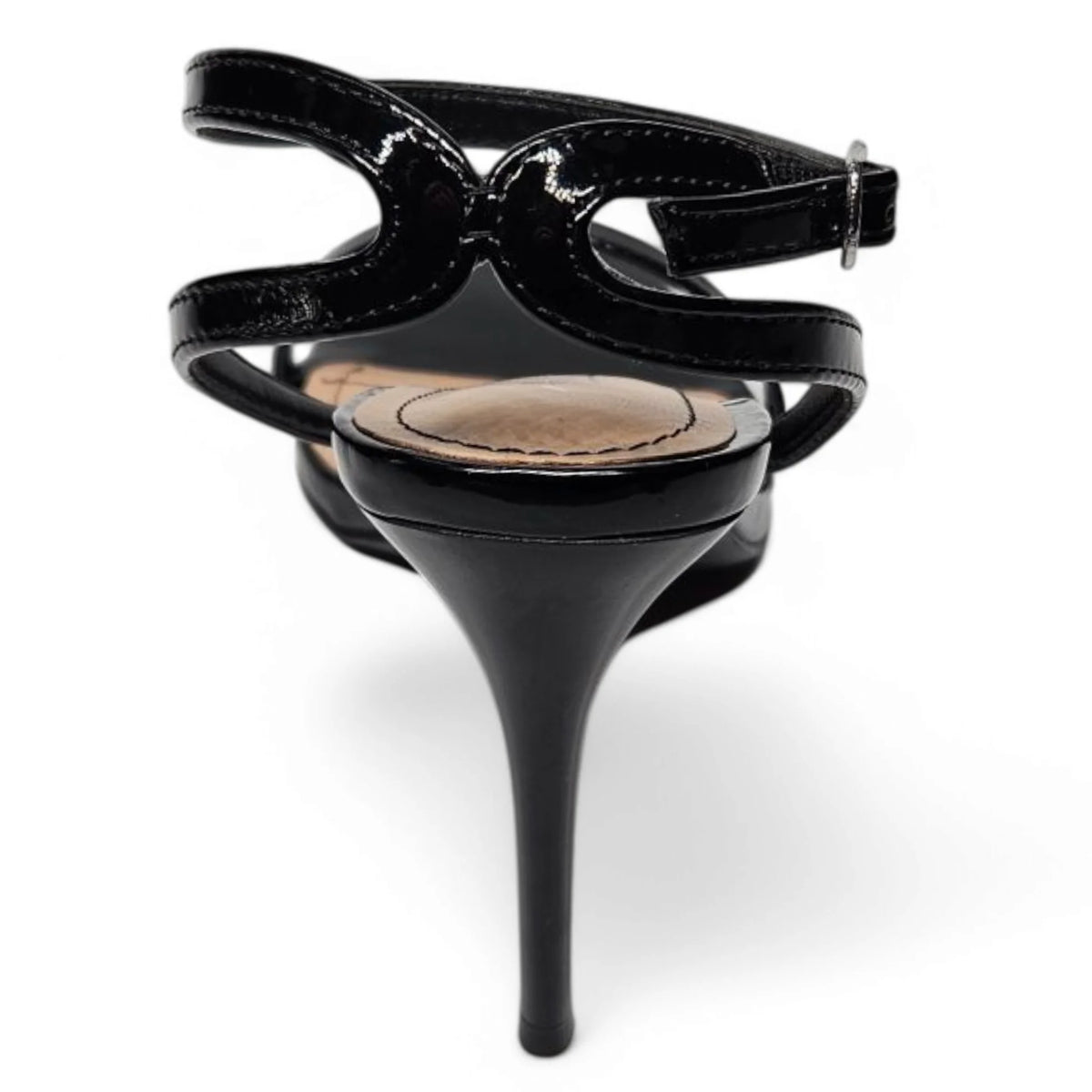 Black patent leather stiletto heel sandal featuring a stylish band ankle strap design