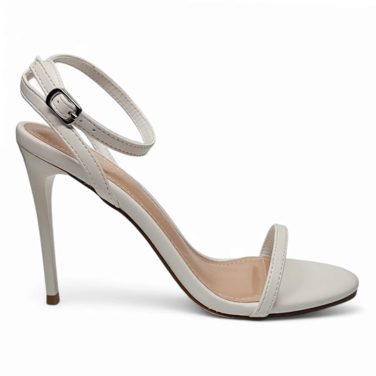 White Stiletto Heel Sandal featuring a Showy One Band Ankle Strap Skinny design