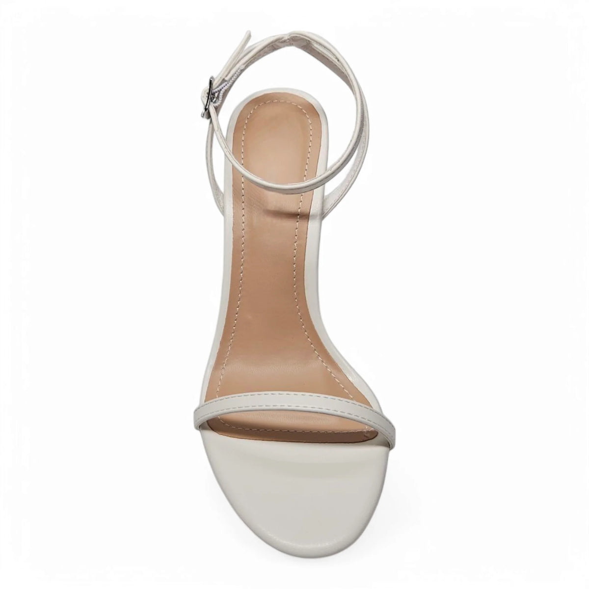 White ankle strap skinny heels from Showy feature a stylish band ankle strap design