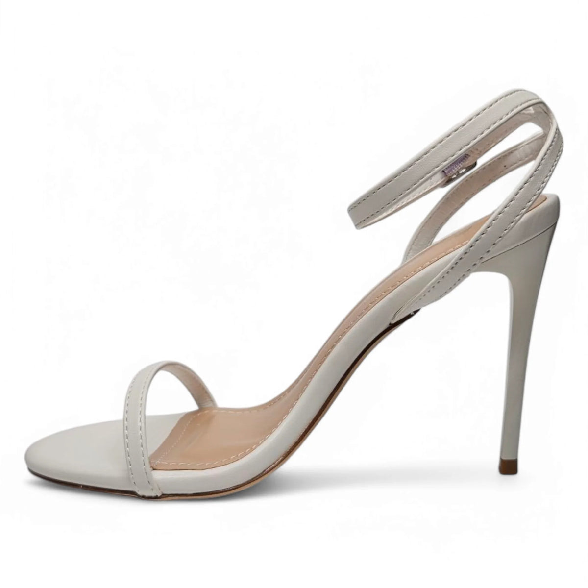 White Stiletto Heel Sandal with Ankle Strap from Showy One Band Ankle Strap Skinny Heels