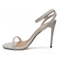 White Stiletto Heel Sandal with Ankle Strap from Showy One Band Ankle Strap Skinny Heels