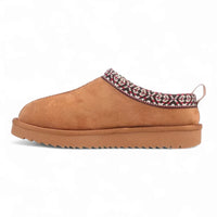 Tan suede Simmon Cozy Clog Slippers with patterned knit collar trim for warmth