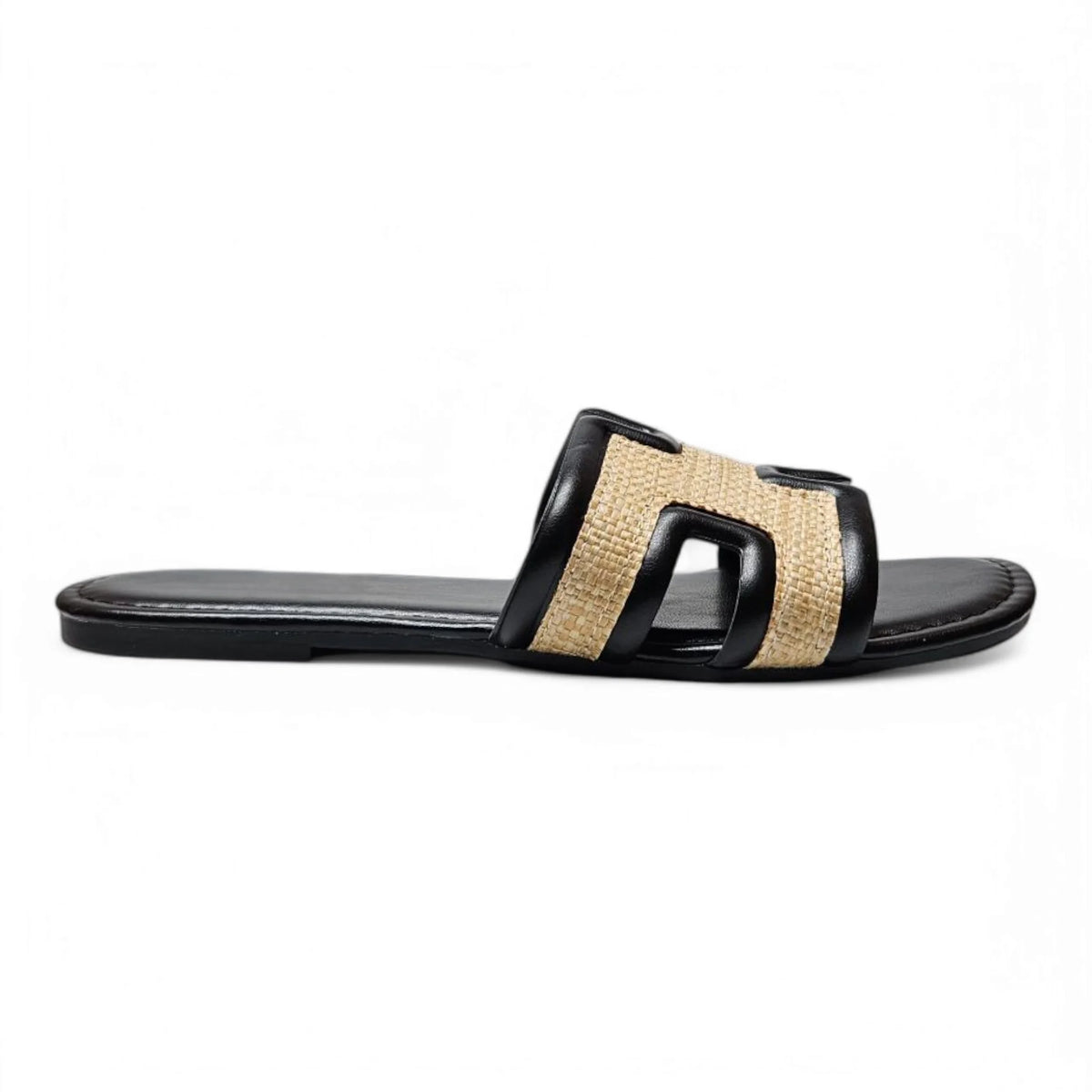 Black and tan band slide sandal from the Smile Straw H Band Slide collection