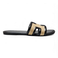 Black and tan band slide sandal from the Smile Straw H Band Slide collection