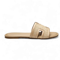 Beige woven Smile Straw H Band Slide sandal perfect for summer fashion