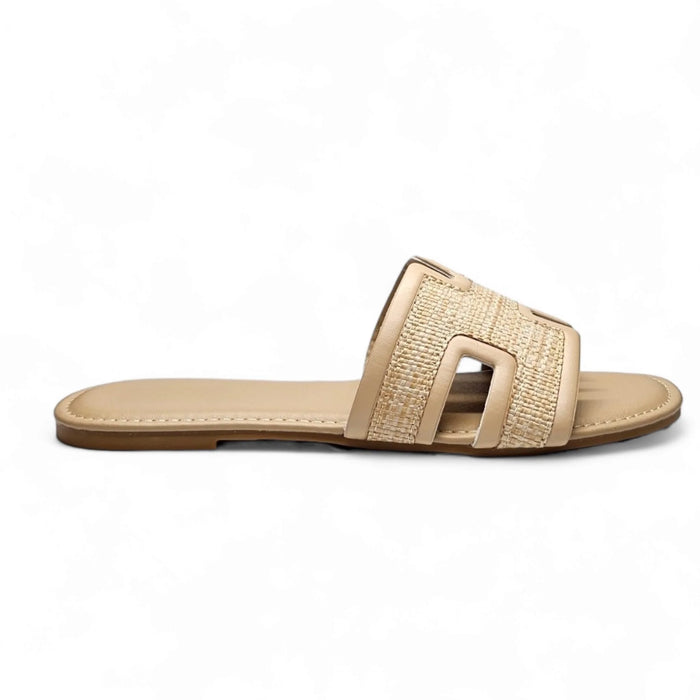 Beige woven Smile Straw H Band Slide sandal perfect for summer fashion
