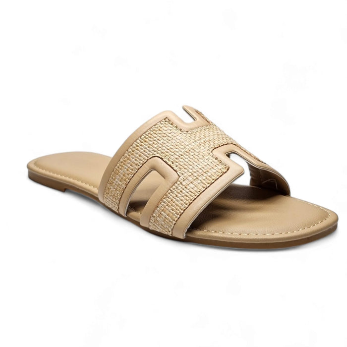 Beige Smile Straw H Band Slide with woven design for stylish summer wear