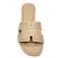 Beige Smile Straw H Band Slide featuring a woven design and stylish band slide