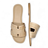 Beige woven design band slide sandals from the Smile Straw H Band Slide collection