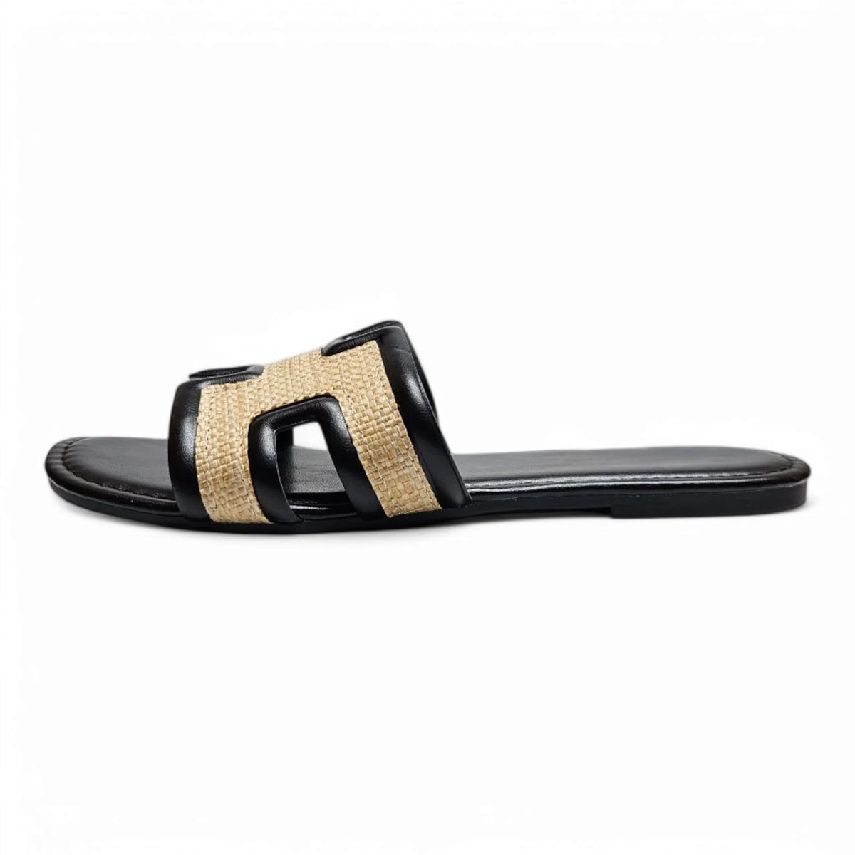Black and tan leather sandal in Smile Straw H Band Slide for stylish summer footwear