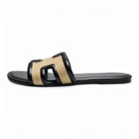 Black and tan leather sandal in Smile Straw H Band Slide for stylish summer footwear