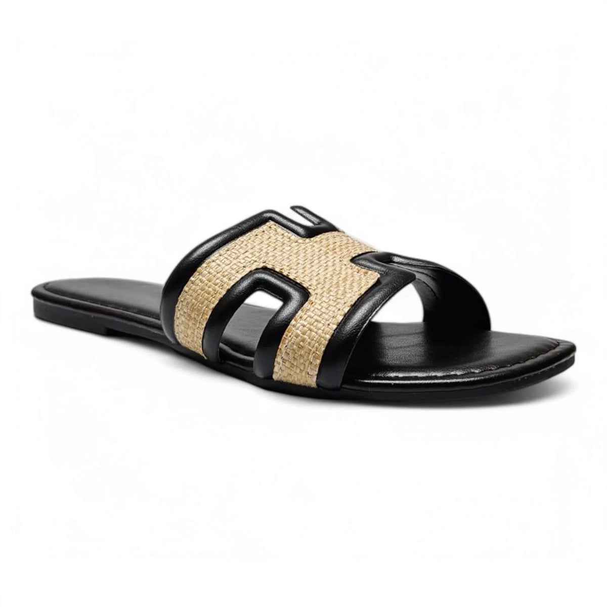 Black and tan Smile Straw H Band Slide sandal for stylish summer comfort
