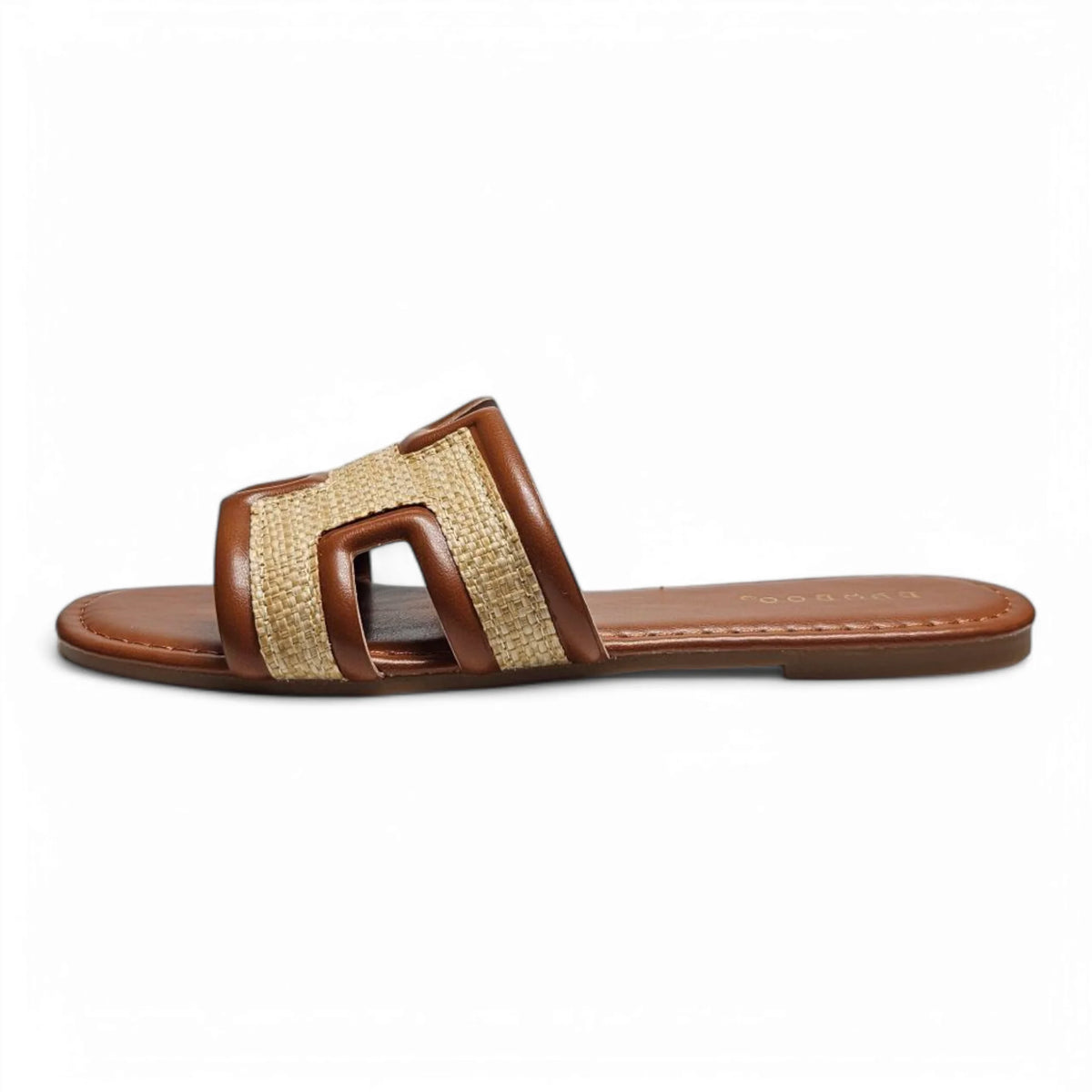 Brown and beige Smile Straw H Band Slide sandal for stylish summer footwear