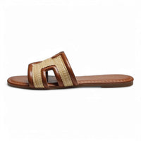 Brown and beige Smile Straw H Band Slide sandal for stylish summer footwear