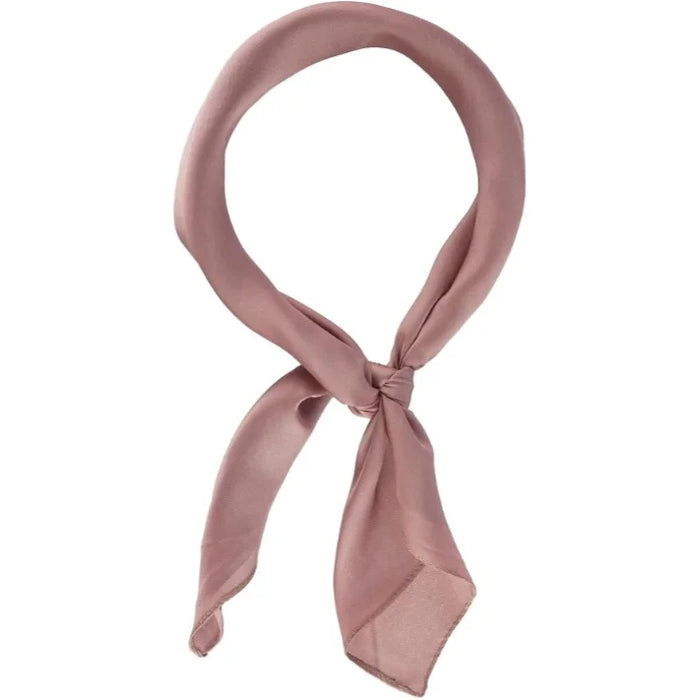 Mauve silk satin neckerchief tied in a knot, perfect for an indie scarf look