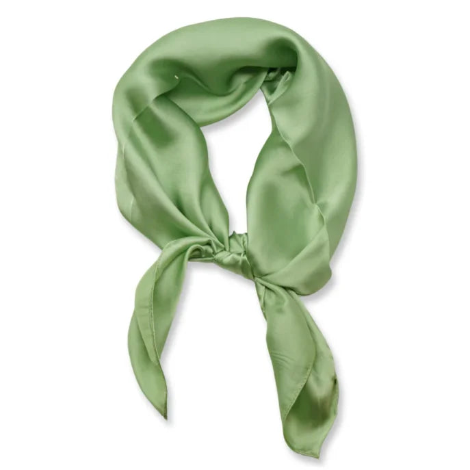 Green silk satin neckerchief tied in a knot from the So Silk Satin Neckerchief Indie Scarf