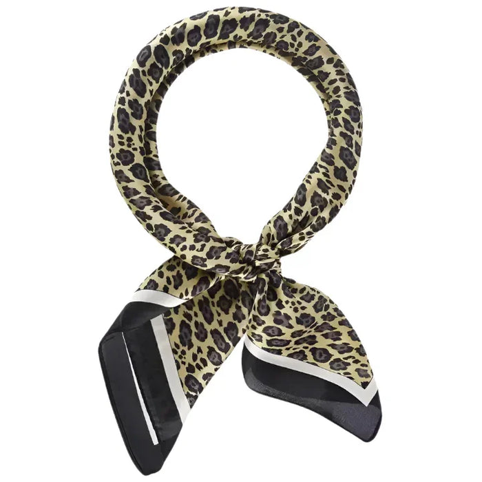 Leopard print neck scarf with black and white border, stylish Silky Satin Neckerchief