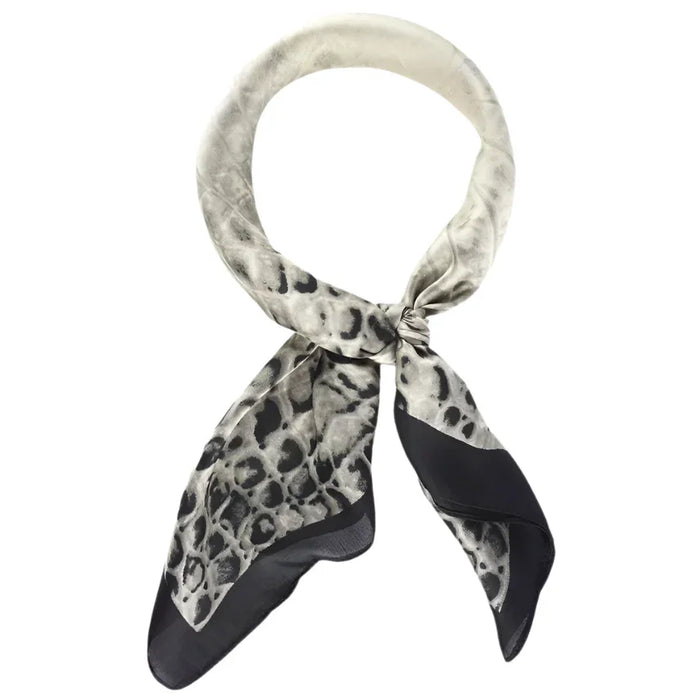 Tied gray and black animal print scarf in So Silky Satin Neckerchief Croc design