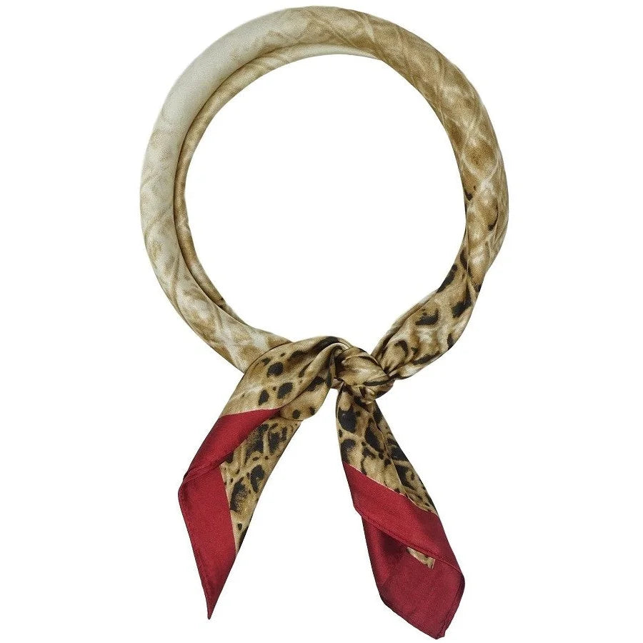 Tied leopard print scarf with red border from the So Silky Satin Neckerchief Croc collection