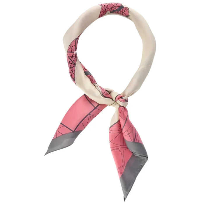 Pink and beige patterned scarf tied in a knot, a stylish Silky Satin Neckerchief Eiffel Tower