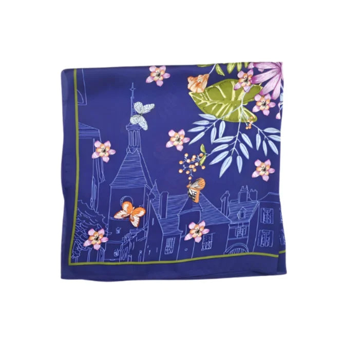 Blue silk scarf featuring floral and architectural design, perfect satin neckerchief