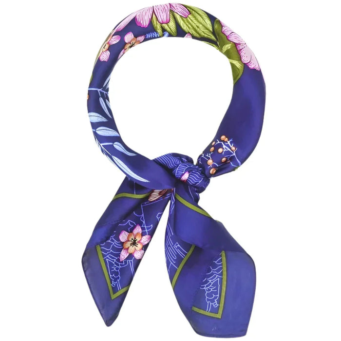 Floral patterned blue satin neckerchief from the So Silky Satin Neckerchief Enchanted Scarf