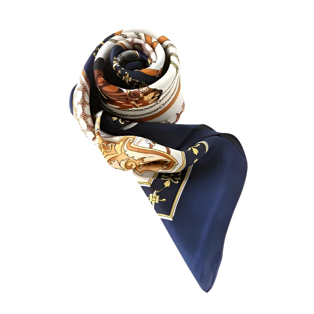 Rolled navy and patterned silky satin neckerchief equestrian scarf for stylish outfits