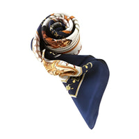 Rolled navy and patterned silky satin neckerchief equestrian scarf for stylish outfits