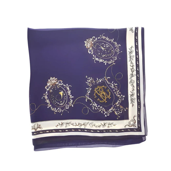 Blue scarf featuring ornate gold and white designs, a silky satin neckerchief ethereal