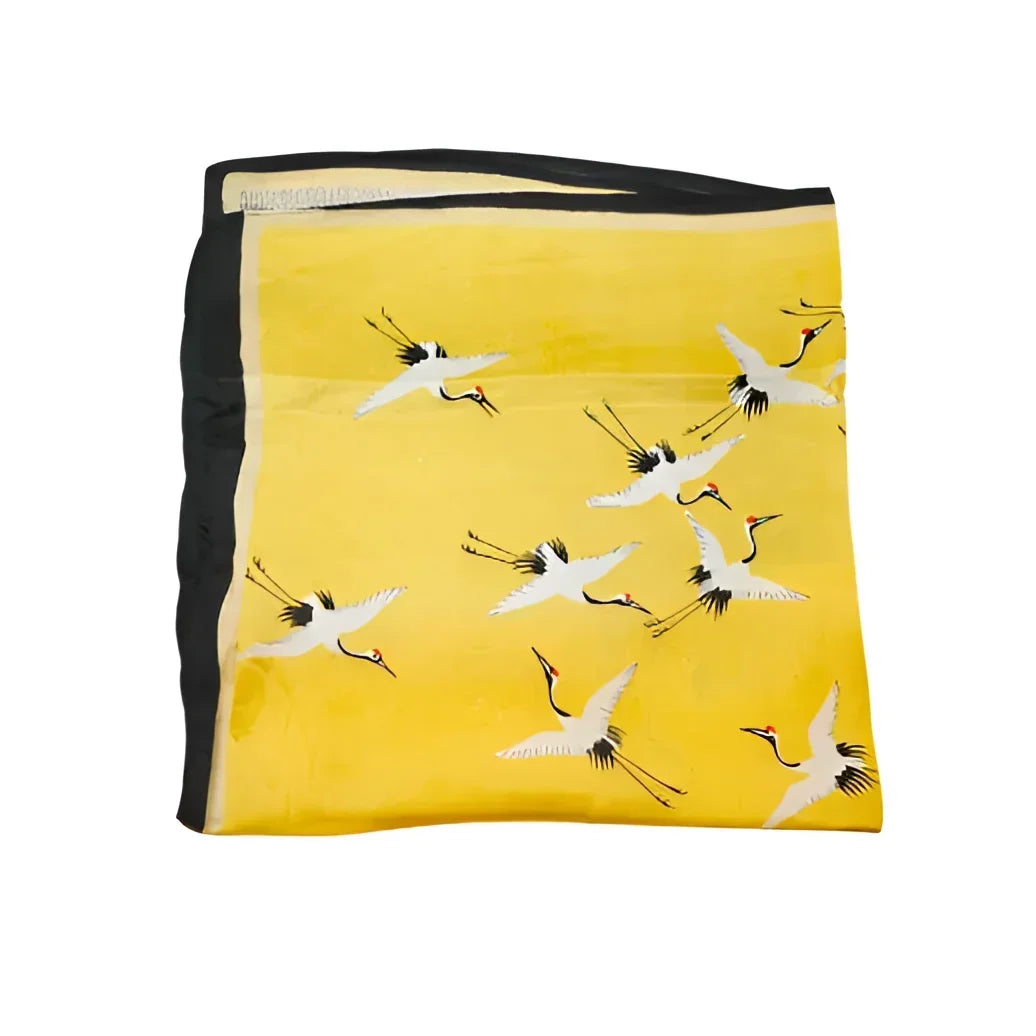 Yellow silky satin neckerchief feathers scarf with crane pattern and black border