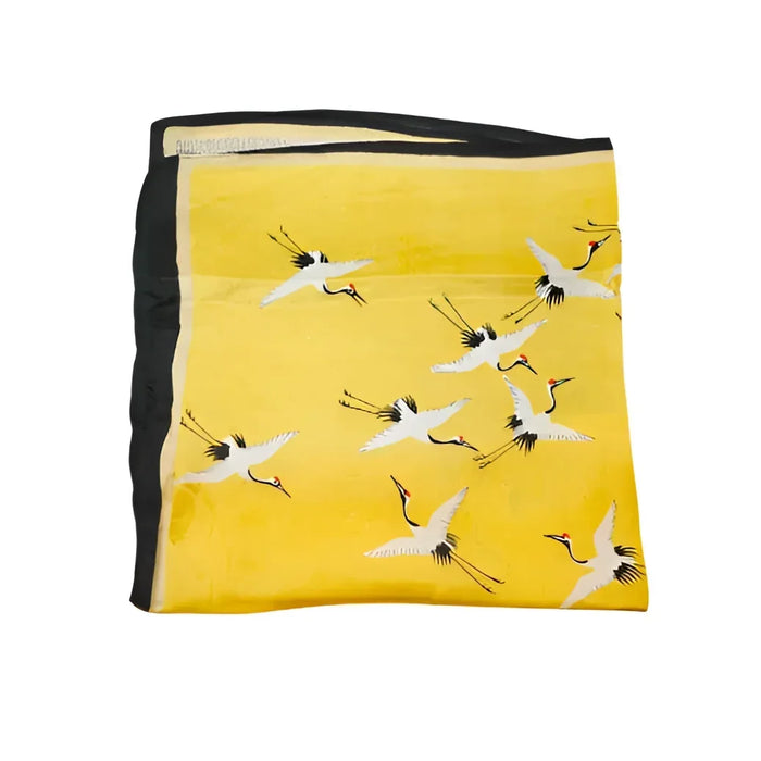 Yellow silky satin neckerchief feathers scarf with crane pattern and black border