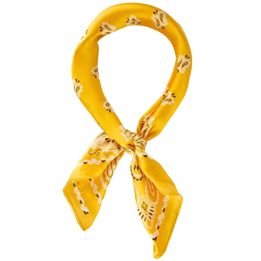 Yellow paisley bandana design on Silky Satin Neckerchief Luxe Tapestry Scarf