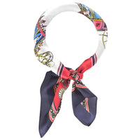 Colorful patterned silky satin neckerchief tied in a knot for stylish looks