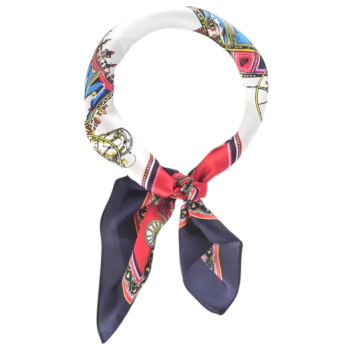 Colorful patterned silky satin neckerchief tied in a knot for stylish looks