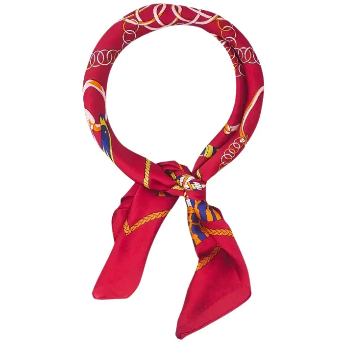 Red silk scarf with chain pattern, a stylish Silky Satin Neckerchief Spiral accessory