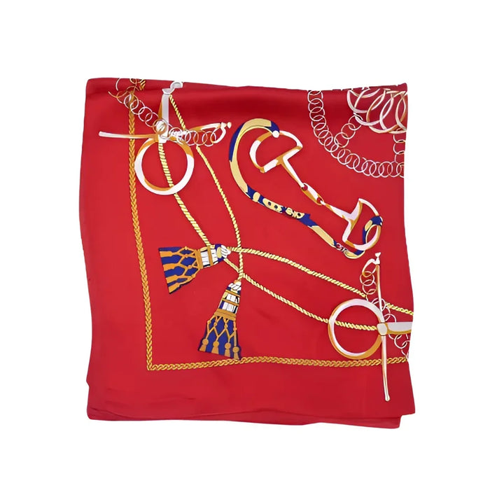 Red silk scarf with equestrian design, perfect for a stylish Silky Satin Neckerchief