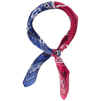 Knotted red and blue paisley bandana on Silky Satin Neckerchief Split Scarf
