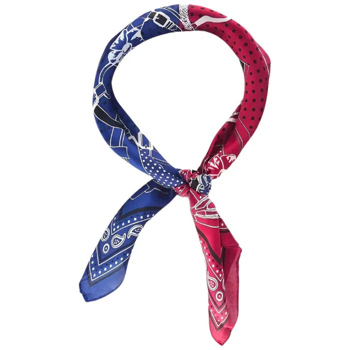 Knotted red and blue paisley bandana on Silky Satin Neckerchief Split Scarf