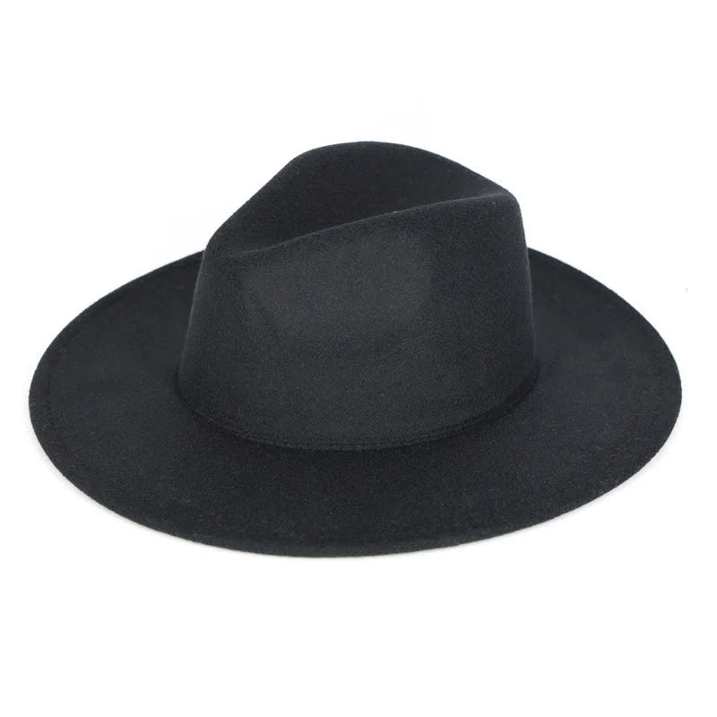Solid Flat Brim Panama Hat - Black - FELT HAT