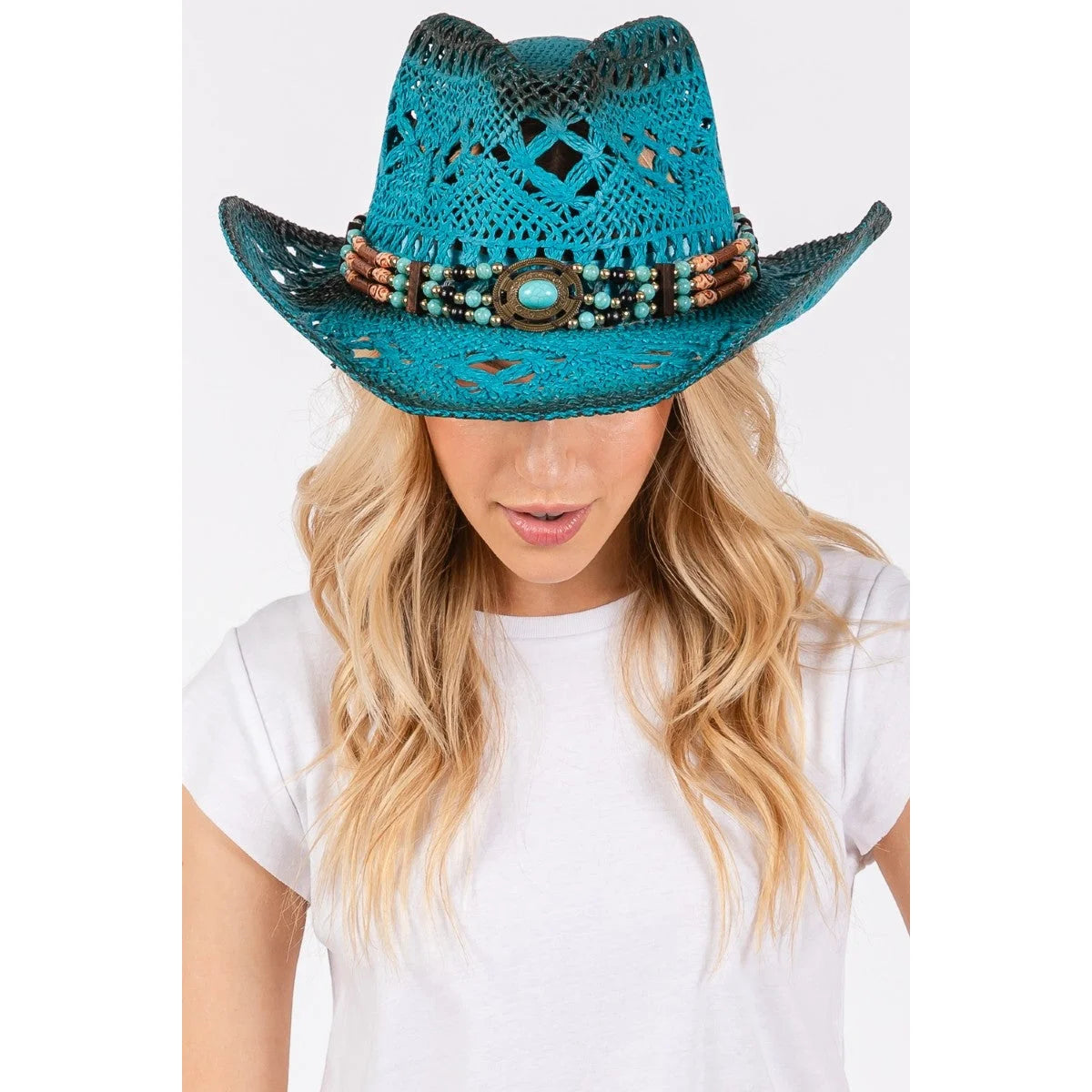 Turquoise straw stained open weave beaded cowboy hat from Stained Open Weave Beaded Cowboy Hat collection