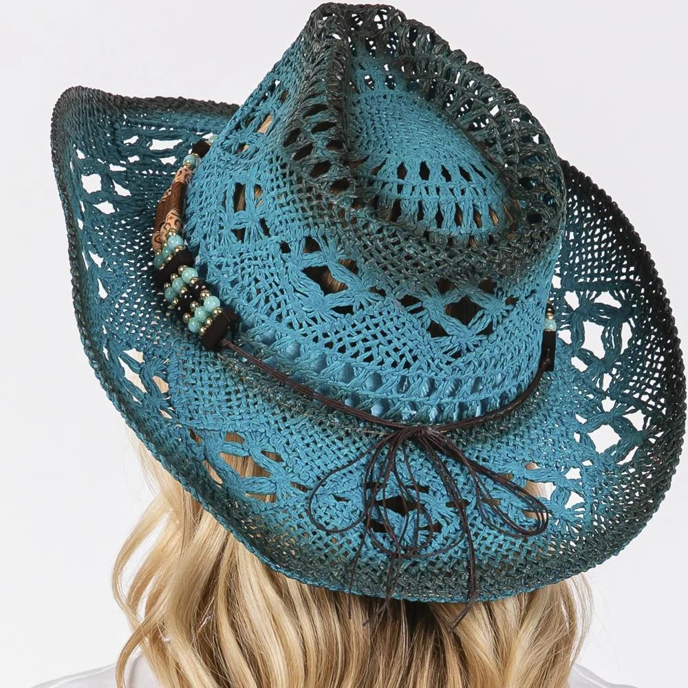 Turquoise stained open weave beaded cowboy hat with intricate weave beaded design